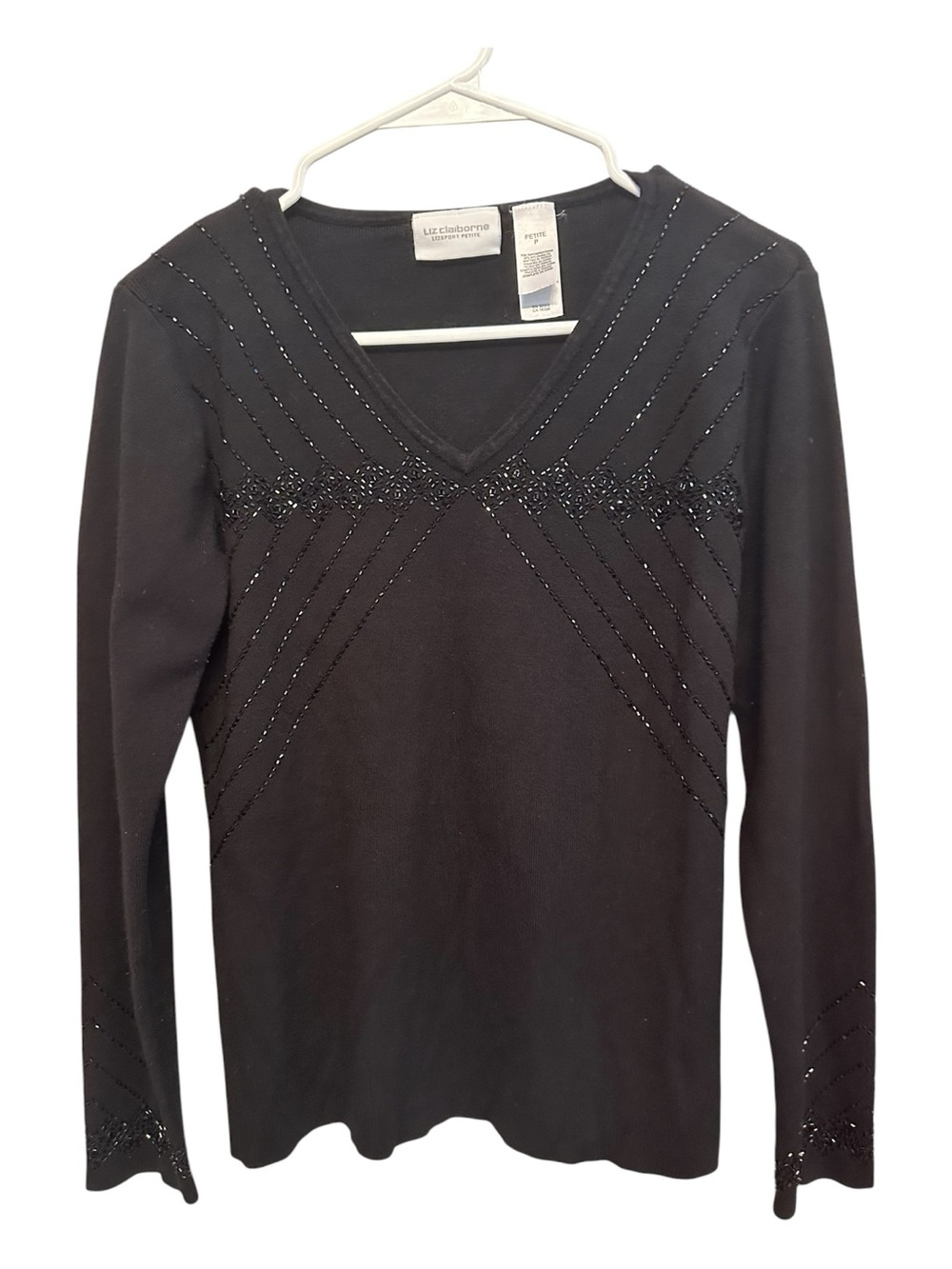 Vintage Y2K Liz Claiborne Black V-Neck Sweater with Subtle Bead Detail Petite